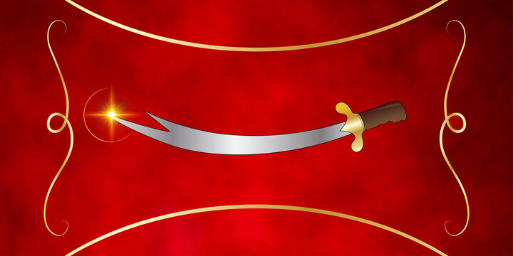 Zulfiqar Sword Vector Illustration &ndash; Islamic Historical Curved Blade with Decorative Background