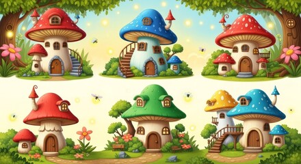 Fototapeta premium Six Colorful Mushroom Houses Illustration