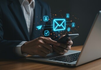 Business Communication, Email and Smartphone, Office, Digital Interaction, Modern Workspace, Close-Up View, Technology Insight