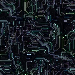 Seamless futuristic circuit board texture with glowing neon lines, high-tech digital background for sci-fi and cyberpunk designs