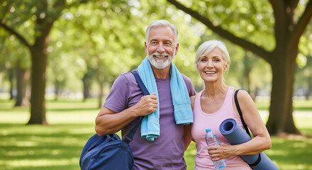 Happy senior couple exercising and enjoying active lifestyle in the park on a sunny day