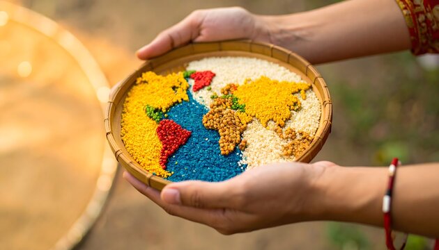 Hands holding a vibrant world map of colorful grains, a hopeful concept for world food day.