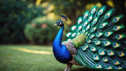 Obraz premium Peacock with vibrant feathers standing on grass in a natural setting. Wildlife and bird photography, nature scene. The beauty of peacocks and their colorful plumage.