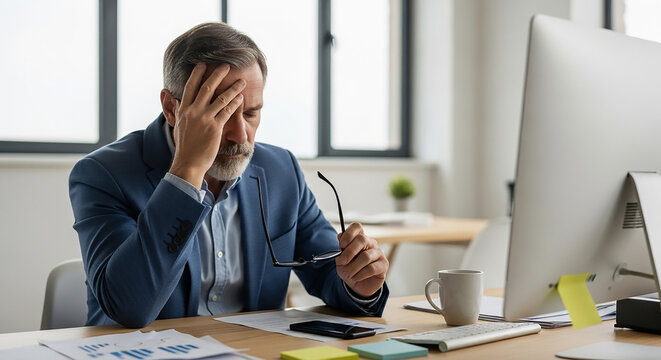 Stressed businessman with headache sitting at desk in office, feeling tired and frustrated about business problems