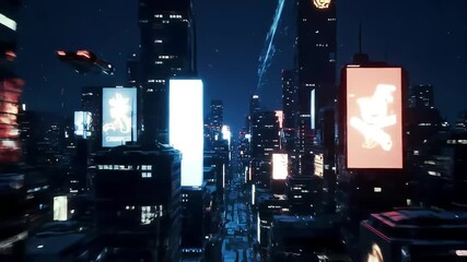 A futuristic cyberpunk city at night with glowing neon billboards on towering skyscrapers and flying vehicles. - Powered by Adobe