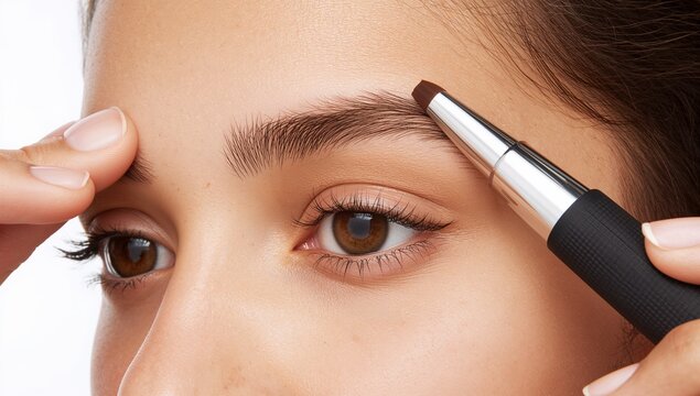 Close up of a teen eyebrow being shaped with spoolie and trimmer on plain white background