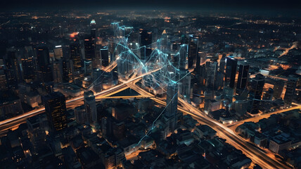 Night aerial photo of city showing glowing data lines representing connectivity