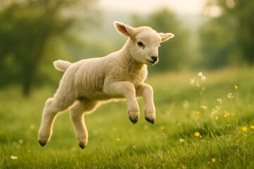 Obraz premium Playful lamb jumping in a vibrant green meadow field