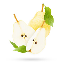 Bright yellow pears with green leaves as levitation swirl as art composition, closeup, isolated. Whole, half, quarter piece of pear fruits. Summer fruits for advertising, design, label product, card.