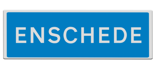 Digital composite. ..Stadsnaambord Enschede. Road sign for the Dutch town of Enschede. ..PNG file