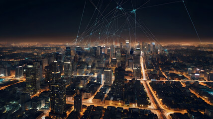 Cityscape at night with overlaid illuminated data connections from above