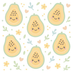 Cute Cartoon Papaya Fruit Pattern with Flowers and Hearts Illustration