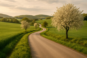 Serene winding road through blooming trees in lush landscape