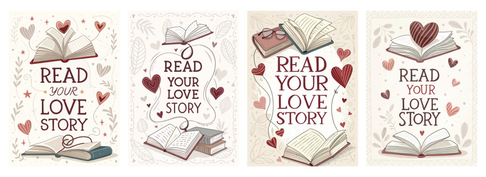 Romantic book illustrations with heartfelt messages celebrating love stories.
