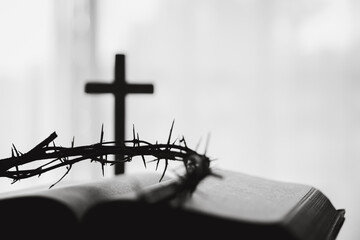 Crown of thorns and cross powerful symbols in Christianity, representing holy sacrifice of Jesus...