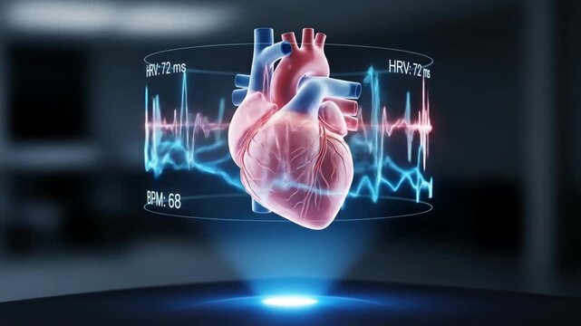 Holographic human heart with heart rate variability and beat per minute data. Medical diagnostics and health monitoring concept animation.