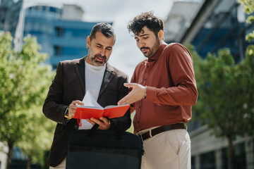 Two colleagues engage in reviewing documents together outdoors, standing in an urban setting with...