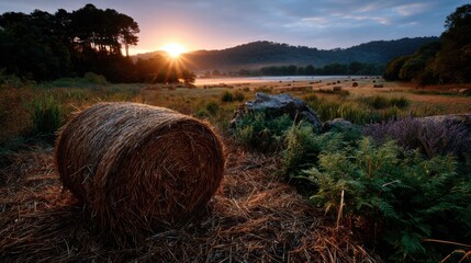 Sunrise over foggy autumn field