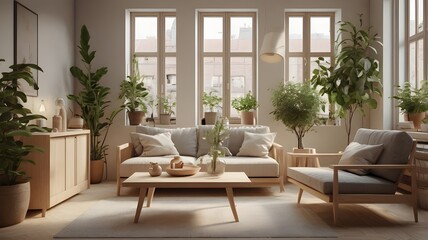 Fototapeta premium Modern minimalist living room with indoor plants in Scandinavian style interior design