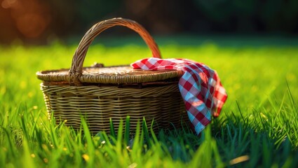 A picnic basket with a red-and-white checkered cloth on green grass in sunlight.