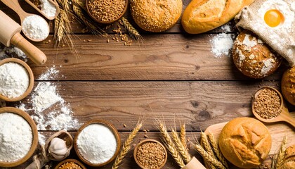 Baking for World Food Day with assorted bread, flour, and grains on a rustic wooden table, top view.