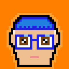Pixel Art Avatar with a Blue Hat and Glasses on an Orange Background