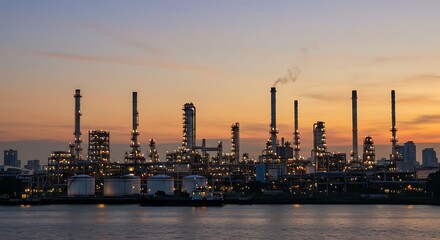 Obraz premium Industrial Factory Plants with Tall Chimneys at Sunset