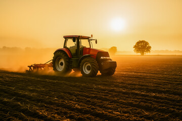 Fototapeta premium Red tractor plowing field at sunset in golden light