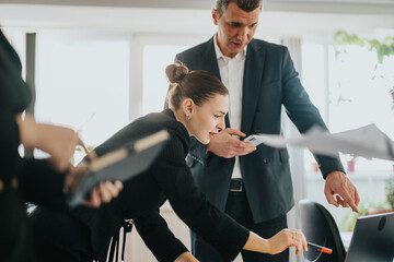 A group of people working together in an office environment, collaborating and communicating...