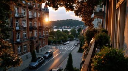 Naklejka premium City waking up during autumn sunrise