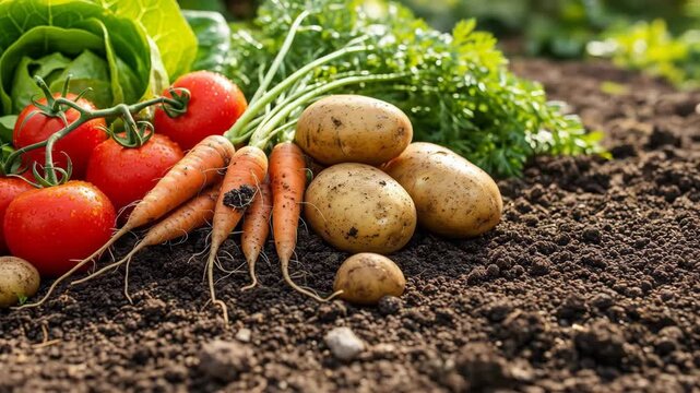 Fresh Organic Vegetables Harvested from Garden Soil &ndash; Tomatoes, Carrots, Potatoes, Lettuce