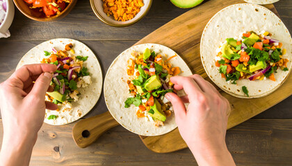 Authentic cooking at home: Hands are joyfully assembling tacos with colorful toppings at home, preparing delicious and vibrant meal with fresh ingredients