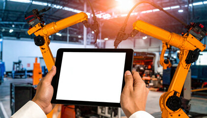 Robotic arms controlled by tablet Modern factory setting Advanced automation technology Efficiency and innovation