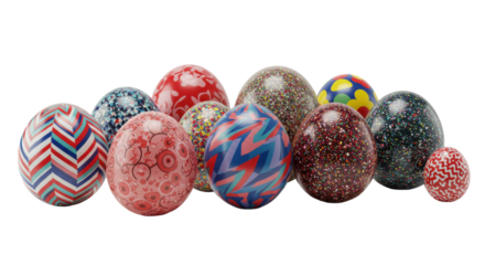 Colorful decorated spheres with intricate patterns, clustered on a transparent studio surface with soft light and negative space, concept for corporate innovation and diversity