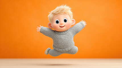 Energetic 3D cartoon illustration of a baby jumping, perfect for playful and joyful themes in design projects.