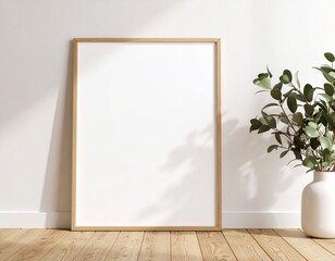 Empty Wooden Frame on White Wall with Greenery, Minimalist Interior Mockup