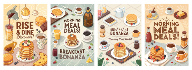 Delicious breakfast promotions featuring pancakes, syrup, and coffee, perfect for morning meals.