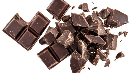 A close up shot of a pile of dark chocolate chunks and a chocolate bar on a black background