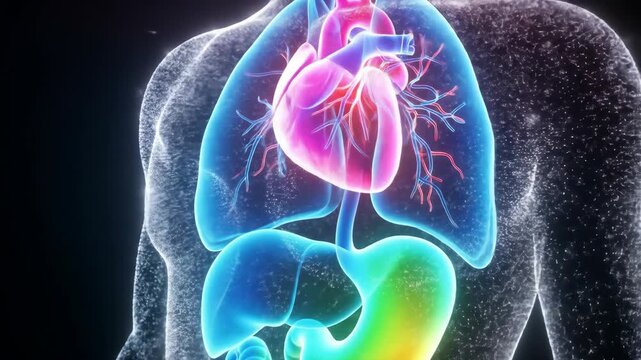 Human body animated showing glowing vital organs within a transparent silhouette. Medical anatomy conceptual visualization for education and healthcare industry.