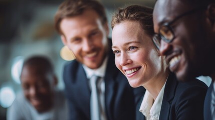 Four professionals are deeply engaged in a discussion inside a contemporary office. They are sharing ideas and smiling, creating a positive and collaborative atmosphere
