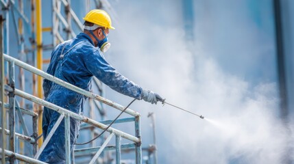 A worker in a blue jumpsuit and yellow helmet operates a high-pressure water spray on scaffolding. The setting is an industrial area with clear skies and visible structures