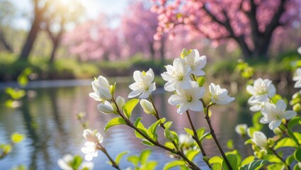 Obraz premium White flowers blooming near a water body during spring with pink flowering trees in the background. The scene highlights nature, blossoms, and an outdoor peaceful environment.
