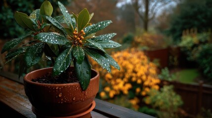 Raindrops on window with autumn background