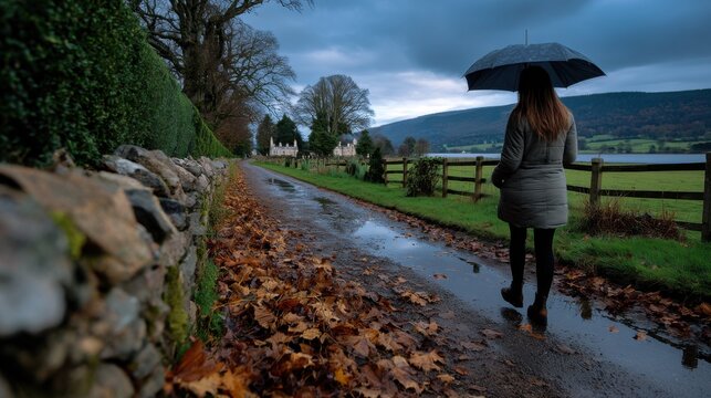 Walking in the rain in autumn park