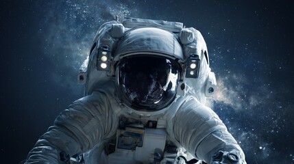 photo realistic astronaut in dramatic pose with stars in visor