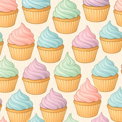 Colorful Cupcake Delight: An array of vibrant cupcakes, each topped with swirls of pastel-colored frosting, arranged in a delightful pattern. A whimsical treat. 