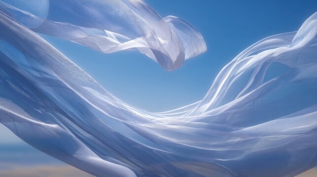 Delicate white fabric billows gracefully in the gentle breeze under a bright blue sky. The scene captures a serene moment of nature and flowing textiles reflecting tranquility