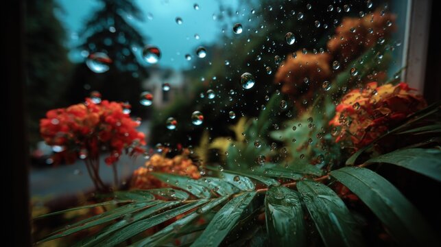 Raindrops on window with autumn background