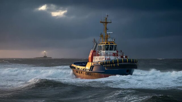 Tugboat navigating rough ocean waves under dramatic stormy sky with distant lighthouse beacon visible on the horizon at sunset