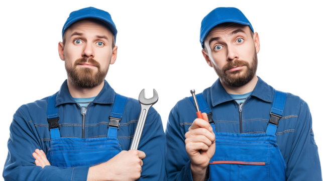 Two men in blue overalls holding tools